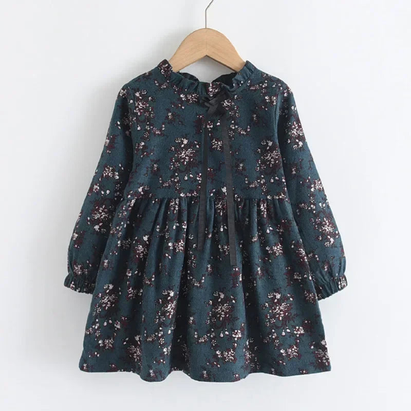 Soft Girls Dress - Long-Sleeve Knee-Length Floral Print, Cotton, For Casual Wear