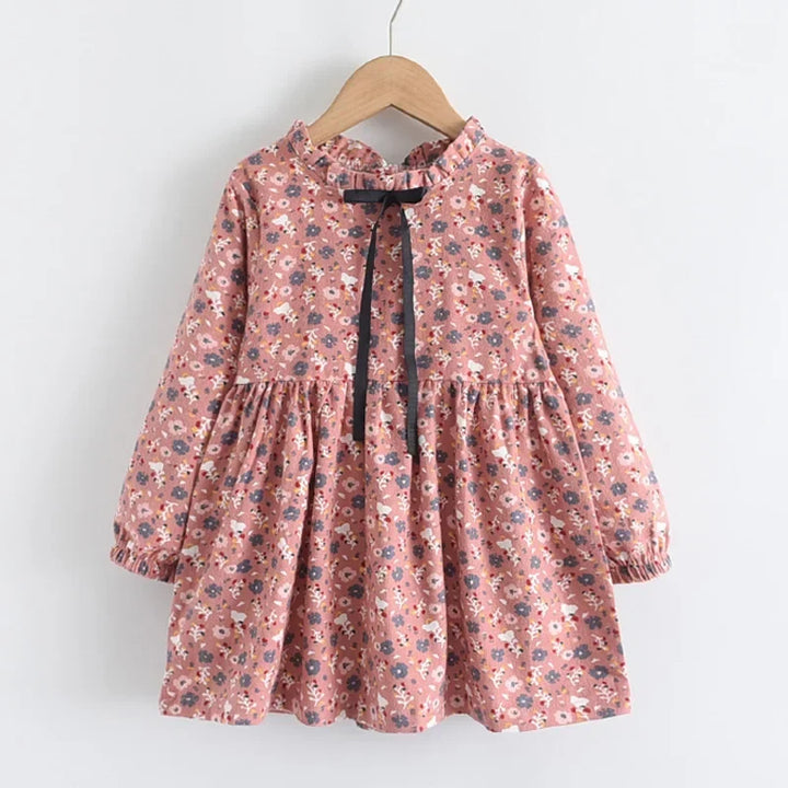 Soft Girls Dress – Long Sleeve Knee-Length, Floral Print, Cotton, Casual Autumn Wear