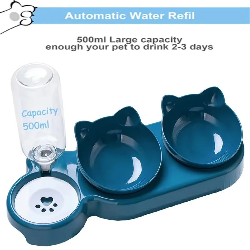 Triple Cat Bowls Pet Feeder with Automatic Drinking Bottle, Tilted Design for Cats and Dogs