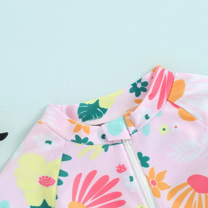 Soft girls’ rash guard romper – zip-front, short sleeve, floral print, polyester, for summer swimwear