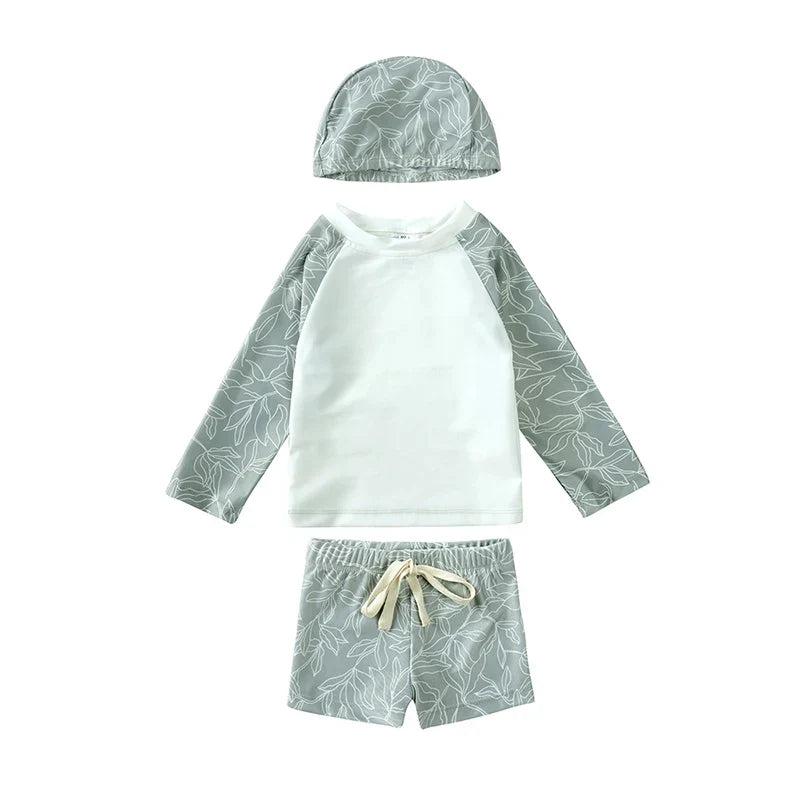 Quick-dry Unisex Baby Swimwear 2-Piece Set – Long-Sleeve Rash Guard Top, Shorts, Polyester, Summer Beachwear