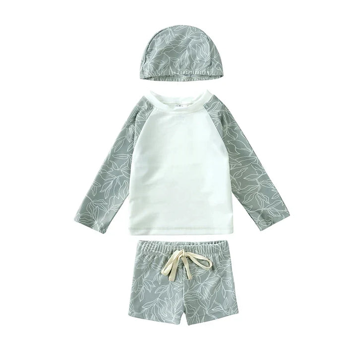 Quick-dry Unisex Baby Swimwear 2-Piece Set – Long-Sleeve Rash Guard Top, Shorts, Polyester, Summer Beachwear