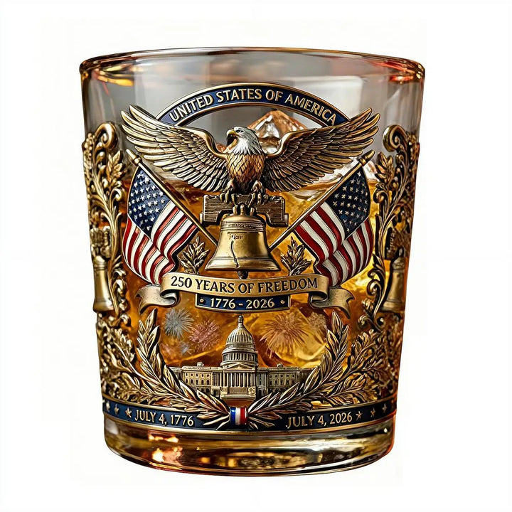 Patriotic Whiskey Glass Hand Blown Eagle Glassware USA 250th Anniversary Rotating Cup Gift Idea