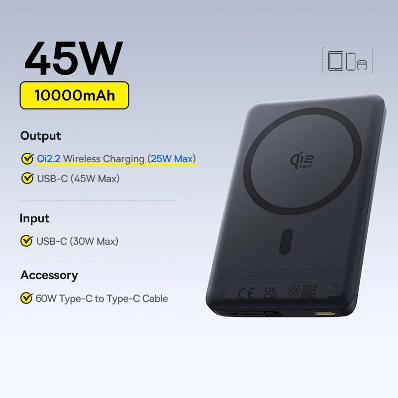 Qi2 Magnetic Power Bank 10000mAh – 15W Wireless &amp; 22.5W USB-C Charging for iPhone &amp; Samsung 2026