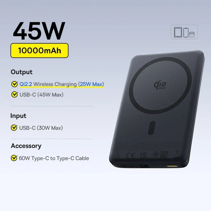 Qi2 Magnetic Power Bank 10000mAh – 15W Wireless &amp; 22.5W USB-C Charging for iPhone &amp; Samsung 2026