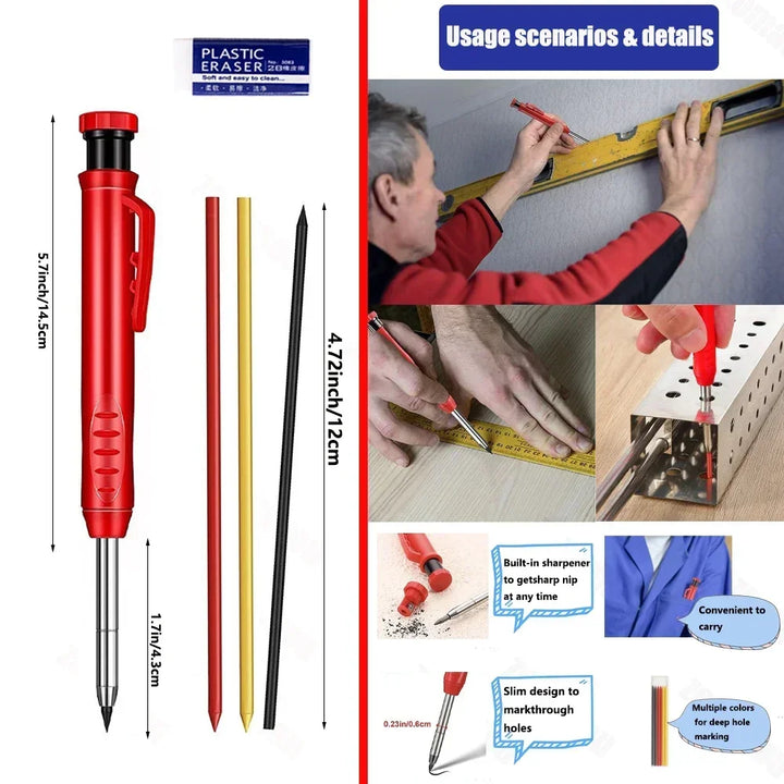 Professional Carpenter Pencil Metal Long Head Deep Hole Marker Tool for Woodworking