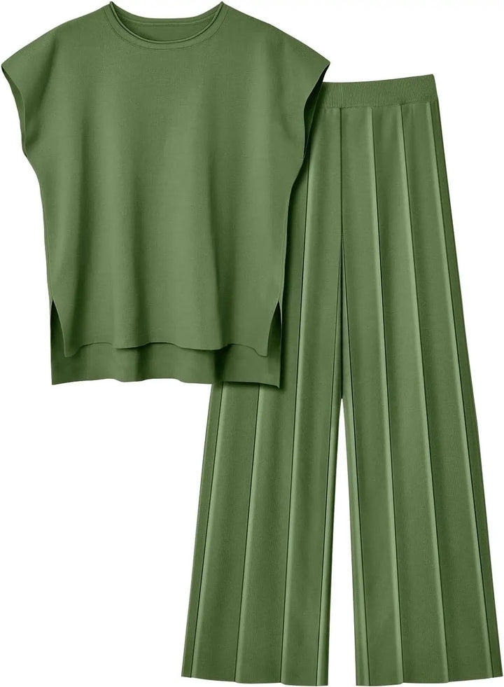 Soft Relaxed Women’s Two-Piece Pant Set – Sleeveless Round-Neck Knit Top, High-Waist Wide-Leg Pants For Summer