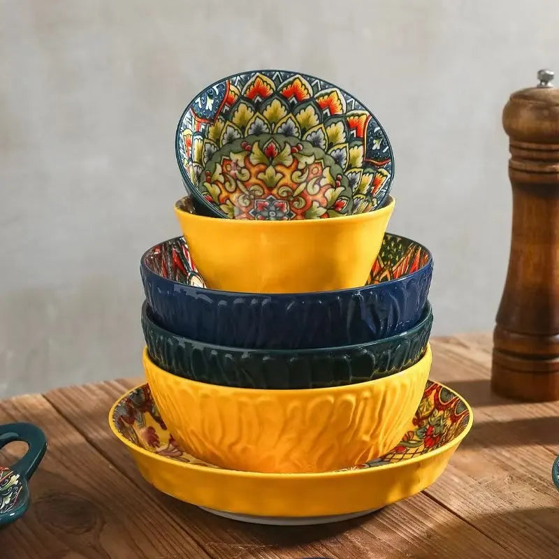 Bohemian Ceramic Bowls Set Floral Serving Bowls Versatile