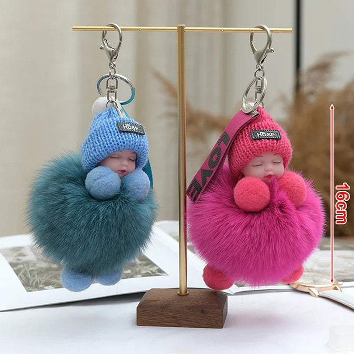 Pompom Sleeping Baby Keychain Plush Bag Charm Cute Gift