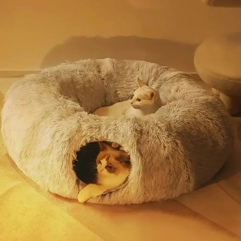 Plush Cat Bed with Tunnel - Fluffy Donut Cat Bed for Indoor Cats, Cozy Multifunctional Tunnel with Peephole