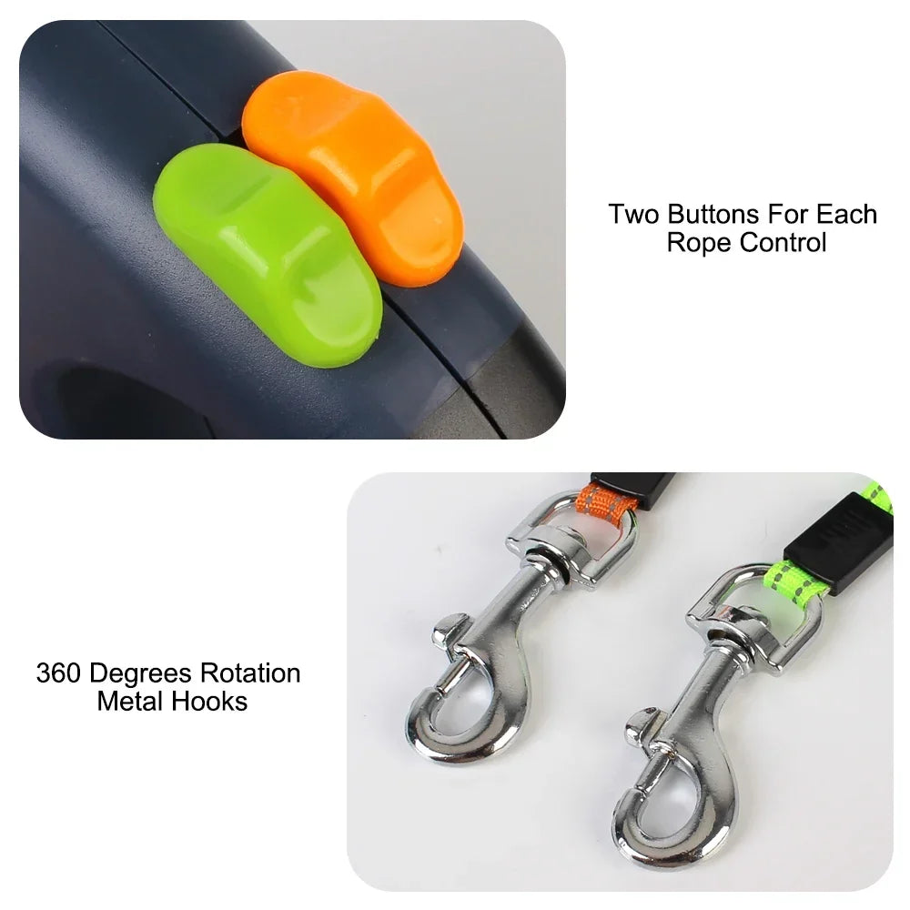 Dual Dog Leash 3m Retractable with Flashlight &amp; Waste Bag Box, Auto-Extend Traction Rope