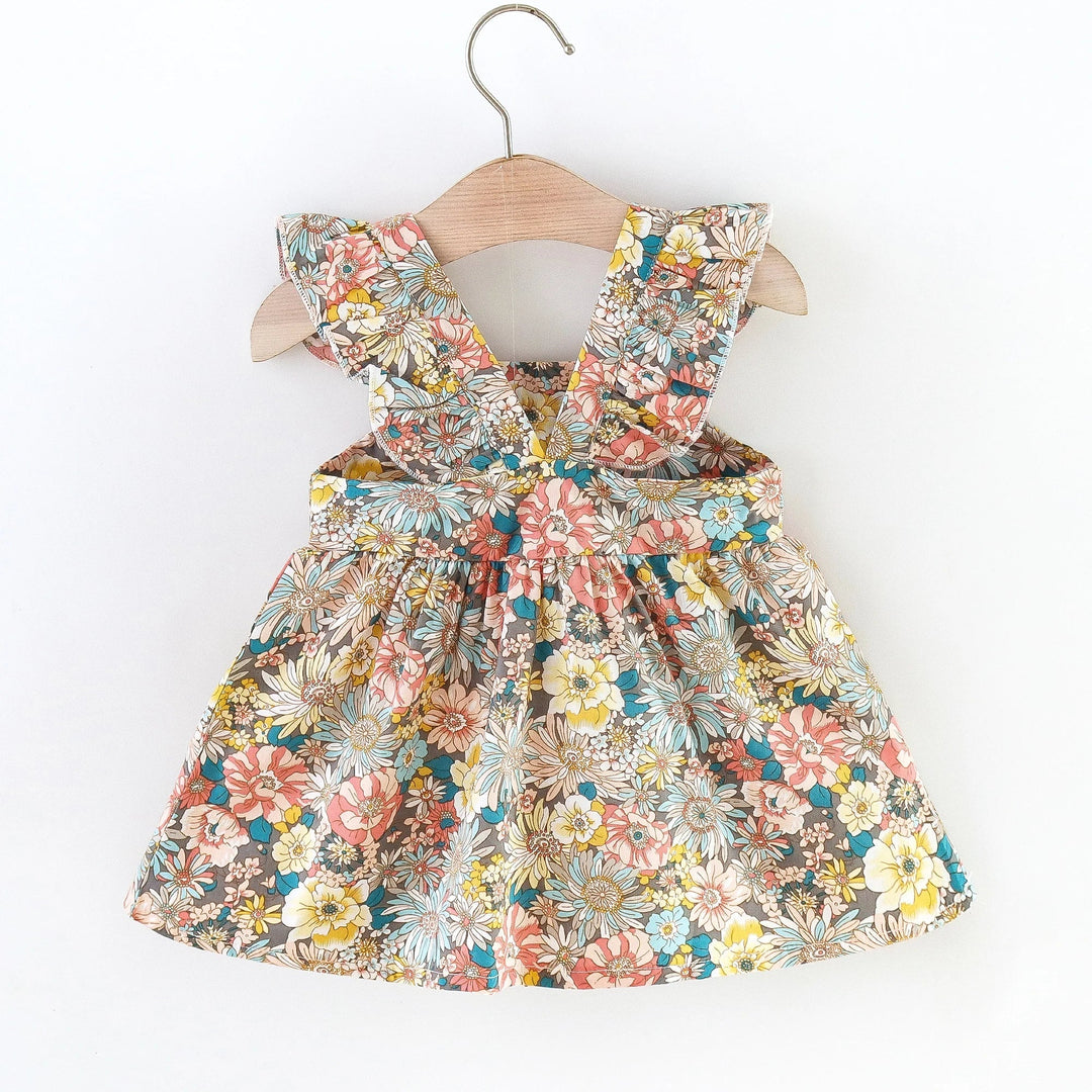 Soft Baby Girl Dress - Classic Floral Flutter Sleeves, Polyester, With Crossbody Bag, For Ages 0-3