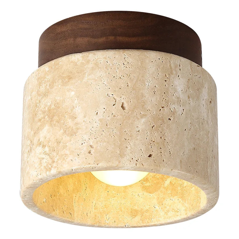 Japandi Travertine Ceiling Light Wood Cap Round Mid Century Lamp