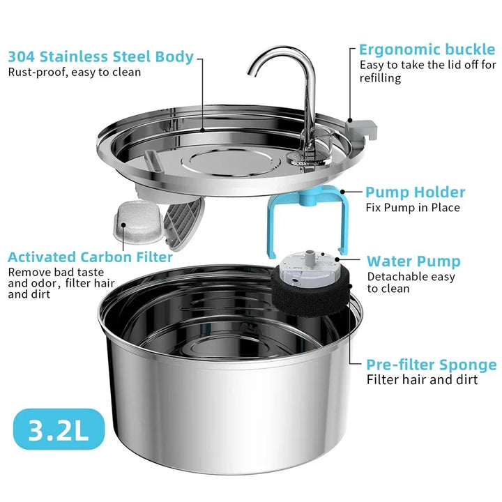 Stainless Steel Automatic Pet Water Fountain USB Mute Dog Cat Filter Bowl