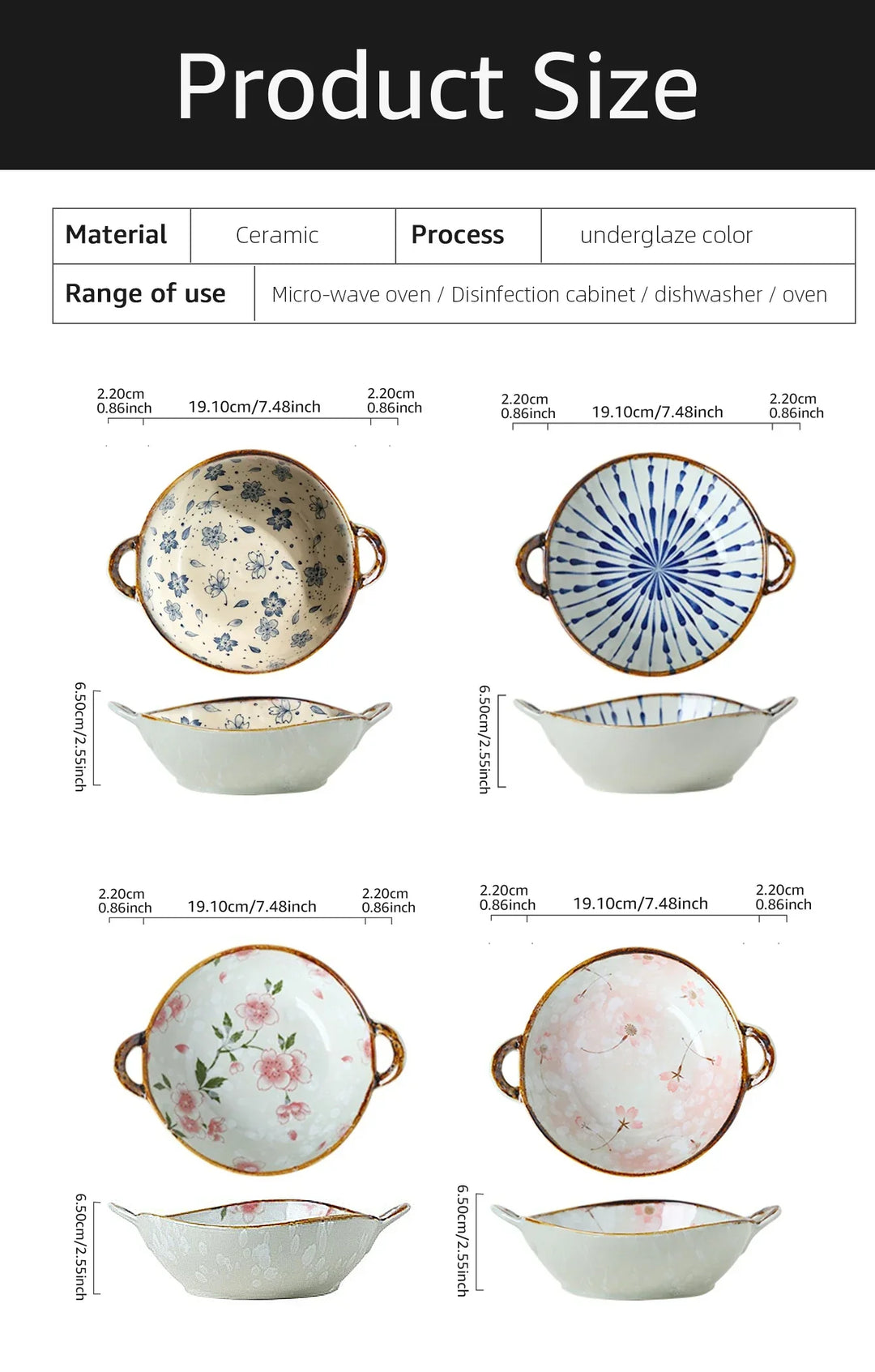 Ceramic 7.5 Inch Noodle Bowl With Handles Floral Porcelain