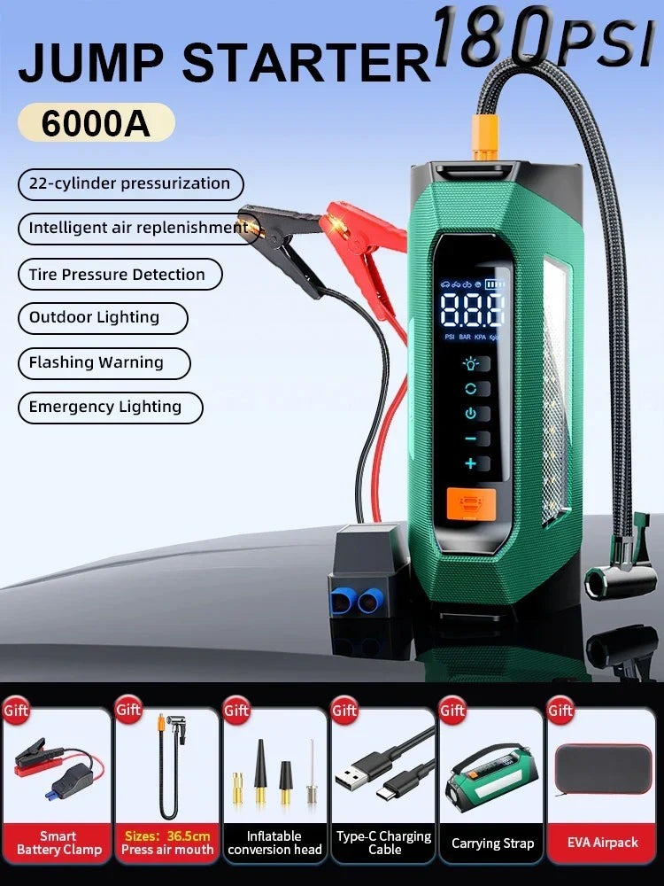 Car Jump Starter Portable Power Bank 12V With Air Compressor 6000A Peak Emergency Start 180 PSI Fall 2025