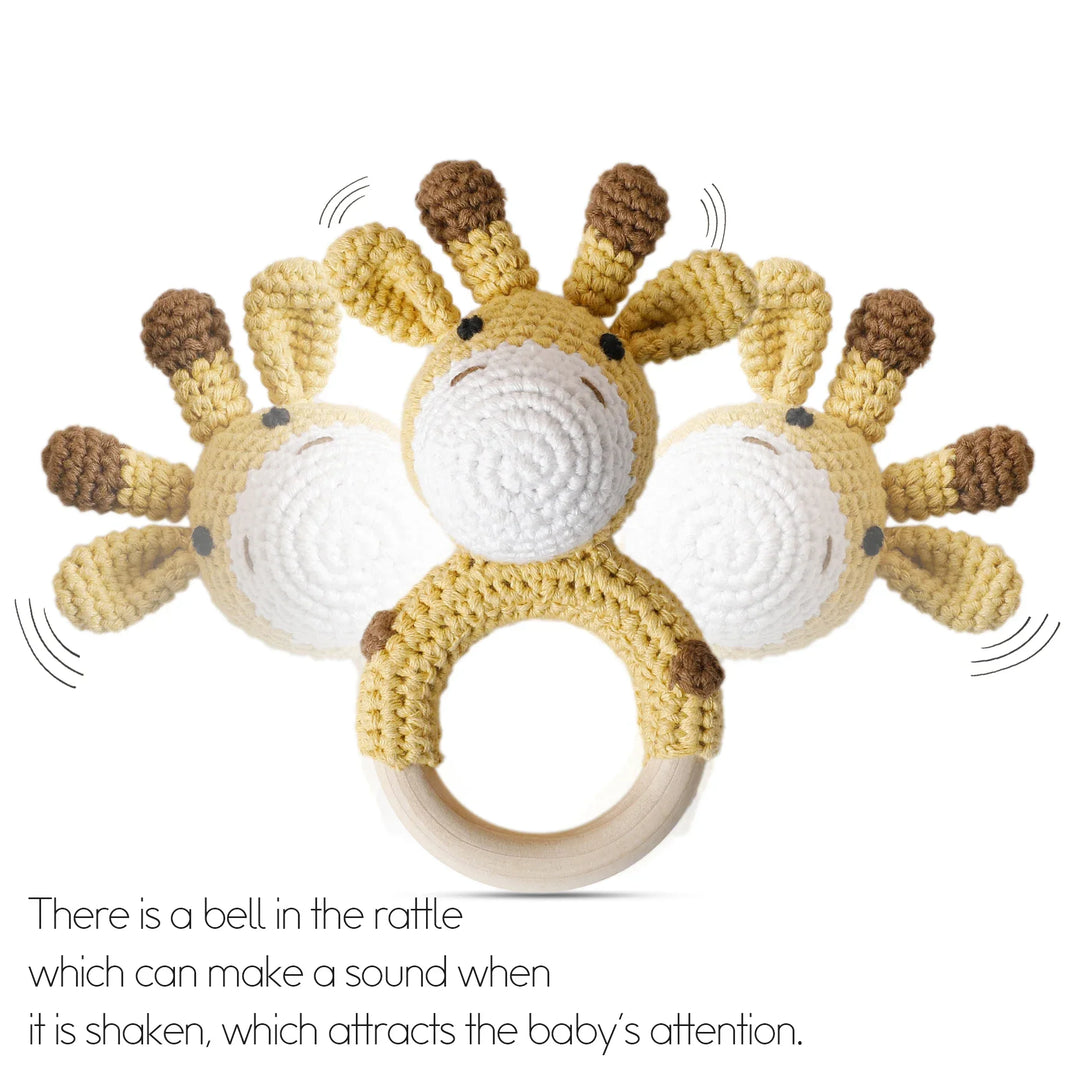 Wooden Crochet Animal Teether Rattle Newborn Sensory Toys