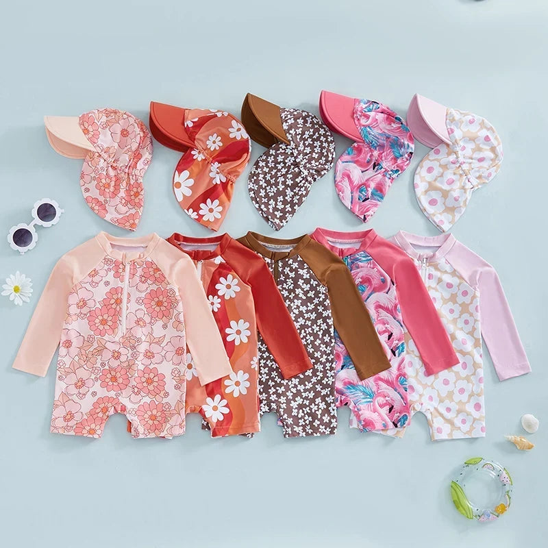 Lightweight Durable Toddler Girl Rash Guard Swimsuit - Long Sleeve Floral Flamingo Print, Polyester Elastane, Beachwear