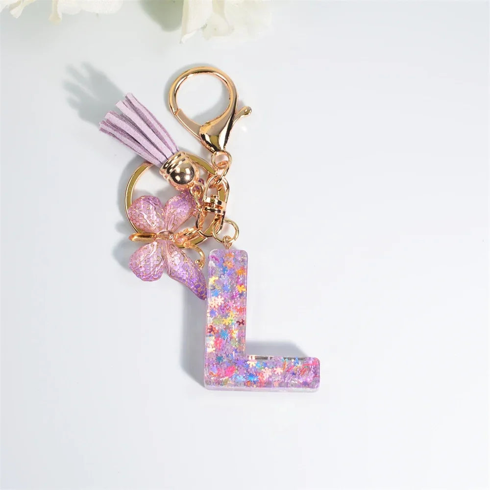 Sequin Letter Keychain With Butterfly Tassel Charm