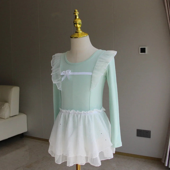 Lightweight girls ballet leotard set - puff-sleeve top, tulle tutu skirt, polyester, for dance class