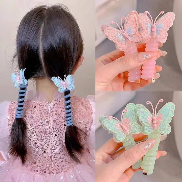 colourful Butterfly Hair Gum for Kids - Non-Damaging Hair Rope, Braided Telephone Line Ponytail Headband