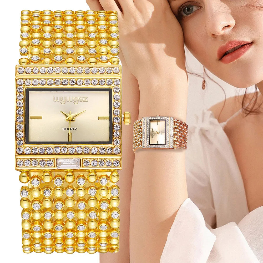 Gold Watch – Diamond Set Square Dial Ladies Quartz Wristwatch, Crystal Band, Fall 2026 Gift Idea