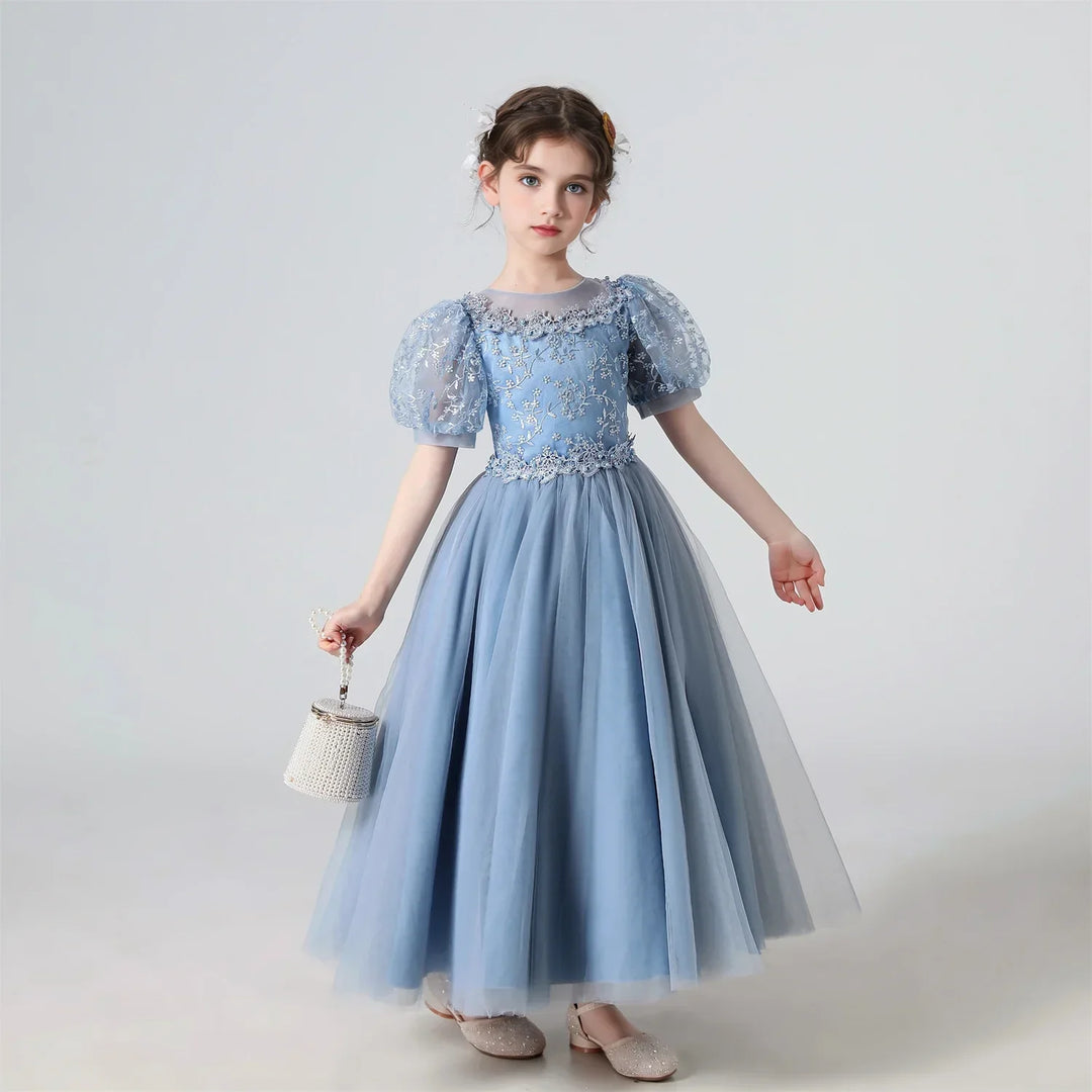 Soft Girls’ Lace-Embroidered Princess Dress - Puff Sleeve, Polyester, For Weddings and Parties