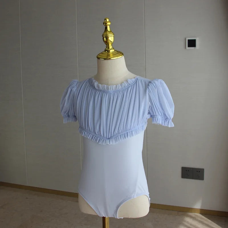 Lightweight girls ballet leotard set - puff-sleeve top, tulle tutu skirt, polyester, for dance class