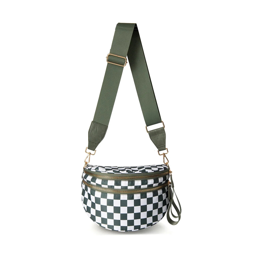 Versatile unisex crossbody bum bag – checkered nylon, box shape, travel and daily use