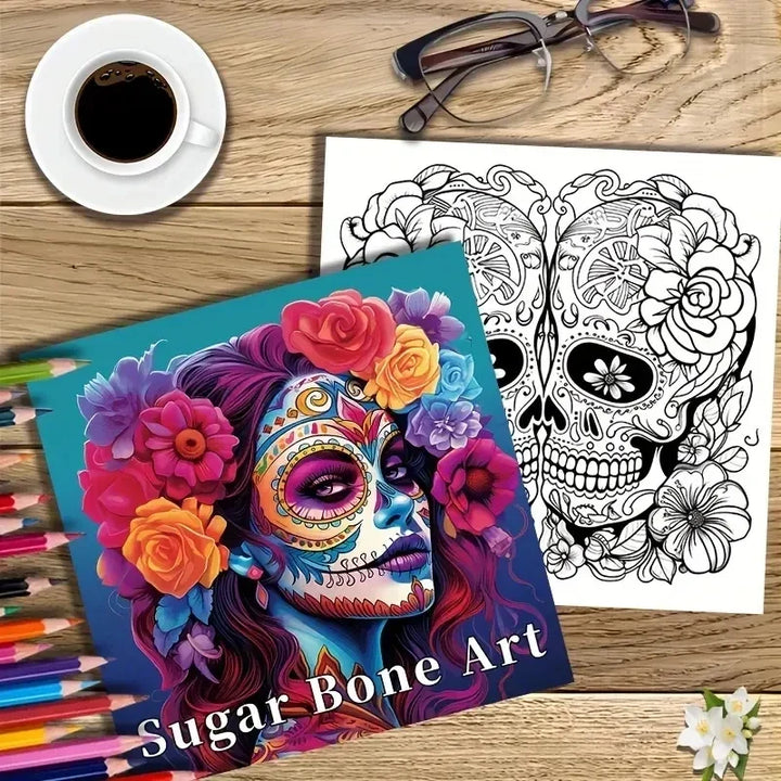 colouring Book Upgraded Thickened Paper Sugar Skull Art Halloween Trend Gift Idea 22 Pages