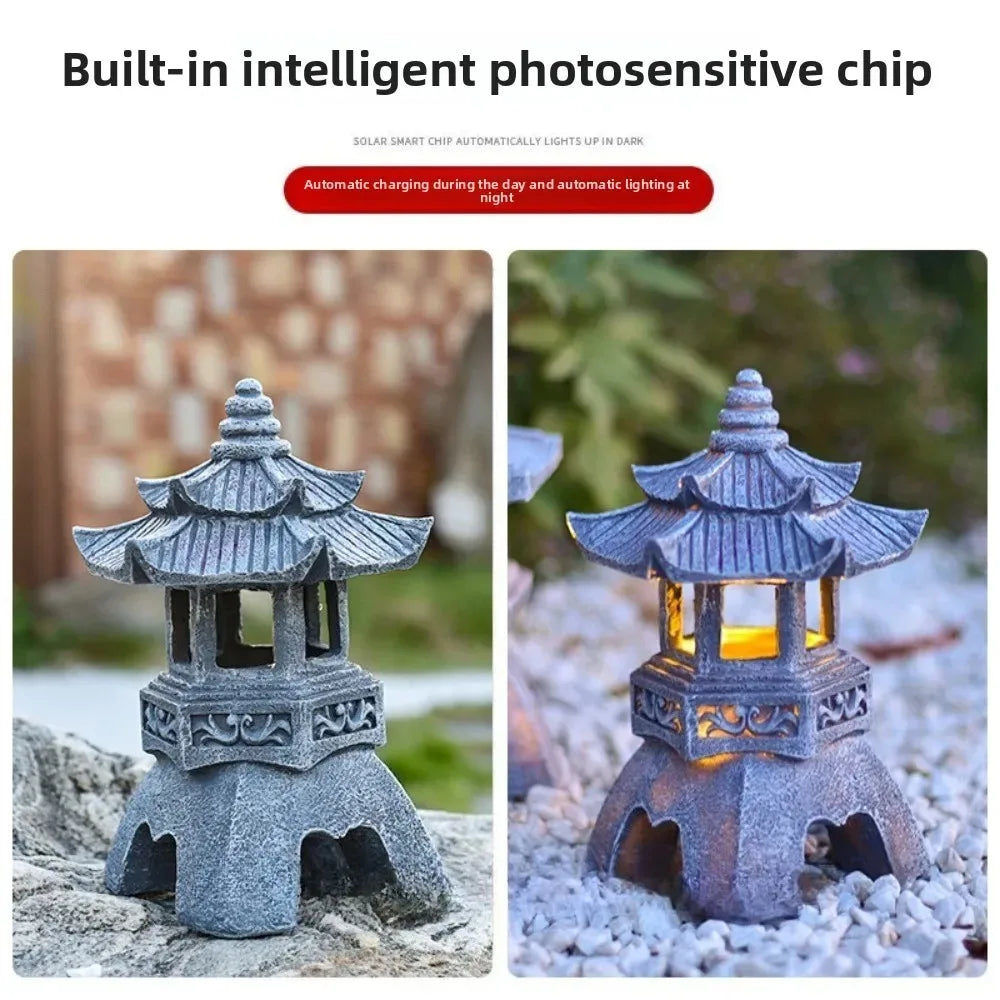 Solar Lantern Resin Stone Pagoda Garden Ornament Zen Chinese Style Outdoor Light Fall 2026 Eco Friendly Decor