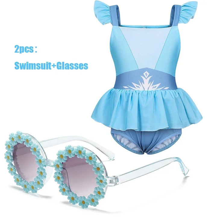 Quick-Dry Girls Two-Piece Swimsuit – Durable Princess Print, Cotton-Poly, For Beach and Pool