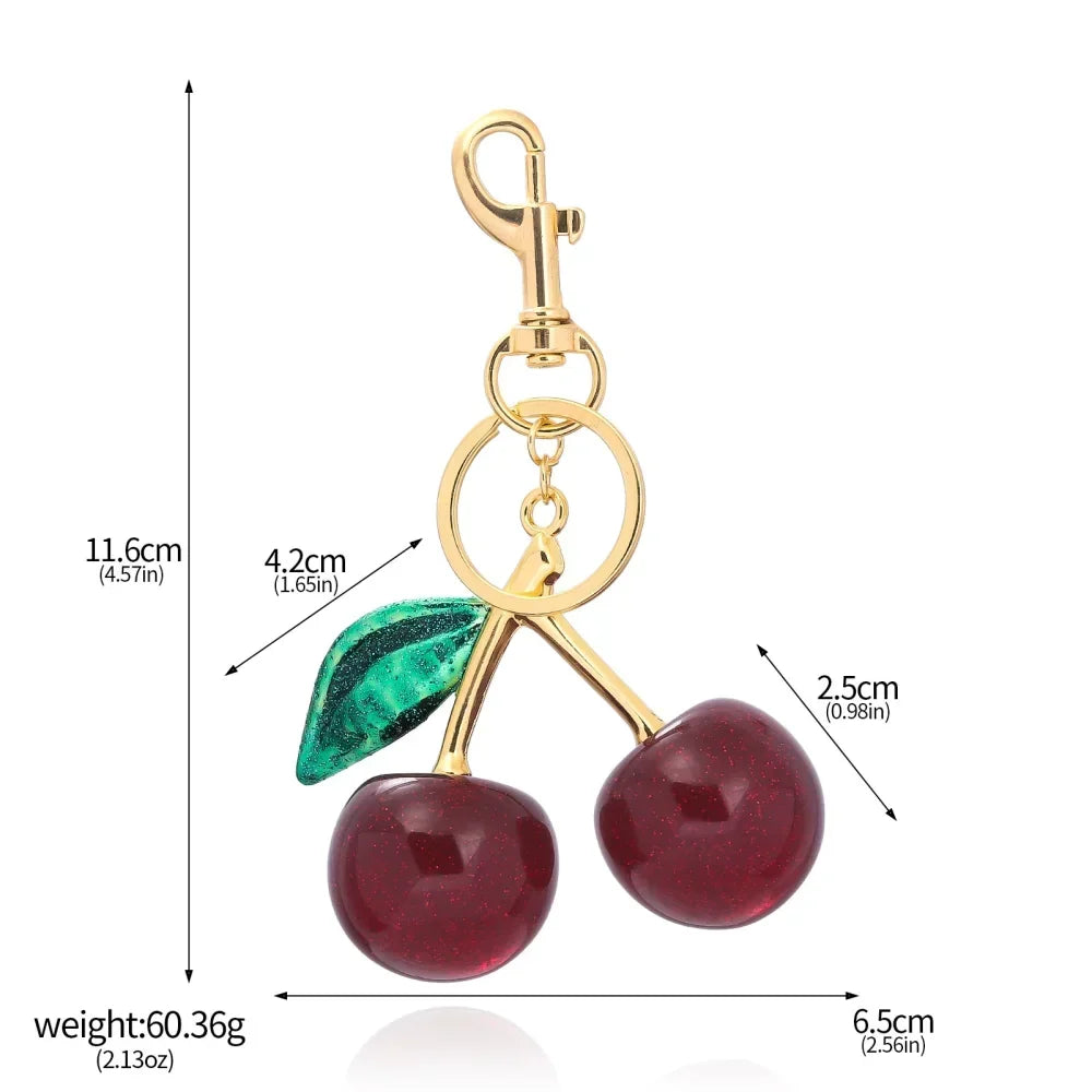Red Cherry Keychain Bag Charm With Gold Leaf Lobster Clasp