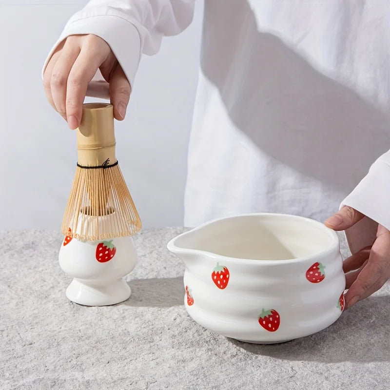 Matcha Bowl Set Ceramic Strawberry Whisk Chasen Kit