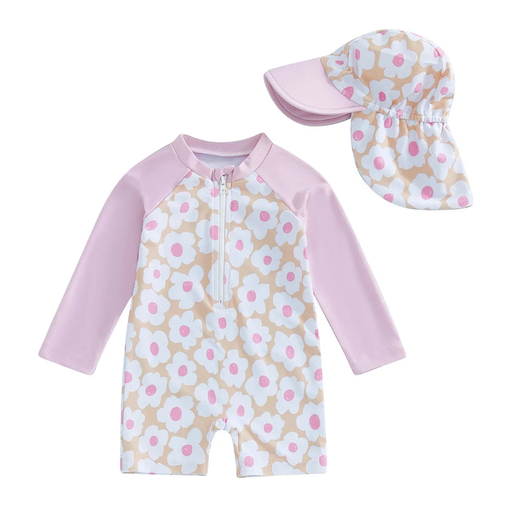 Lightweight Durable Toddler Girl Rash Guard Swimsuit - Long Sleeve Floral Flamingo Print, Polyester Elastane, Beachwear