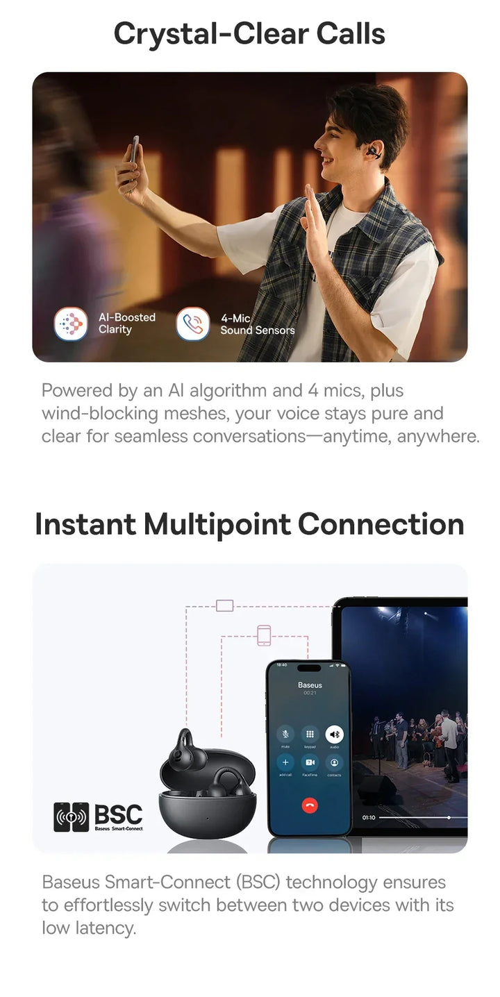 Baseus BC1 Open-Ear Clip Earbuds Bluetooth 6.0 – 4-Mic Noise Cancellation Super Bass IP55 Sports 2026