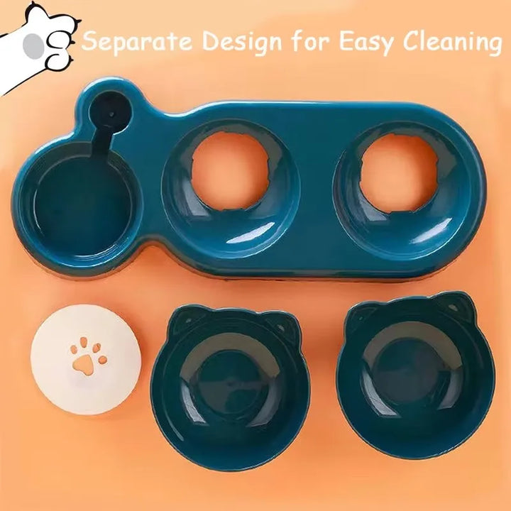 Triple Cat Bowls Pet Feeder with Automatic Drinking Bottle, Tilted Design for Cats and Dogs