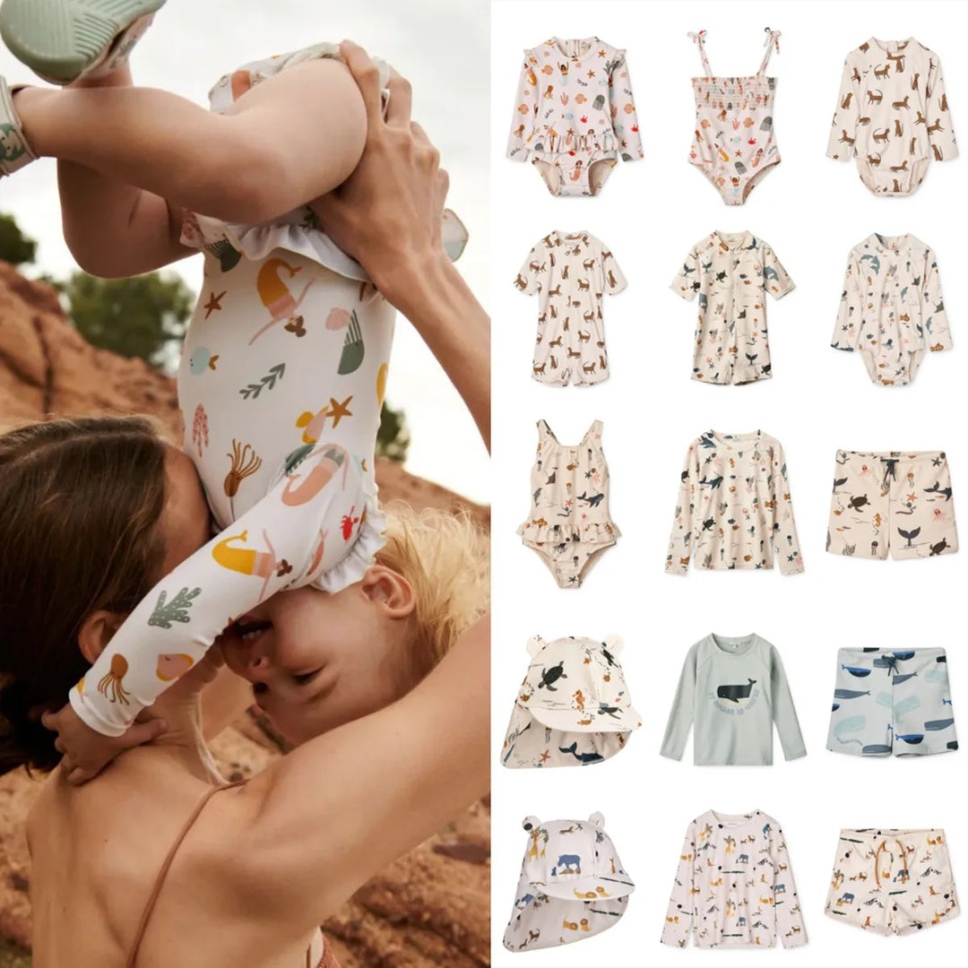 Quick-dry Kids’ Swimwear Set – Rash Guard &amp; Hat, Nylon, Cartoon Seagull Star Print, Beach Holidays