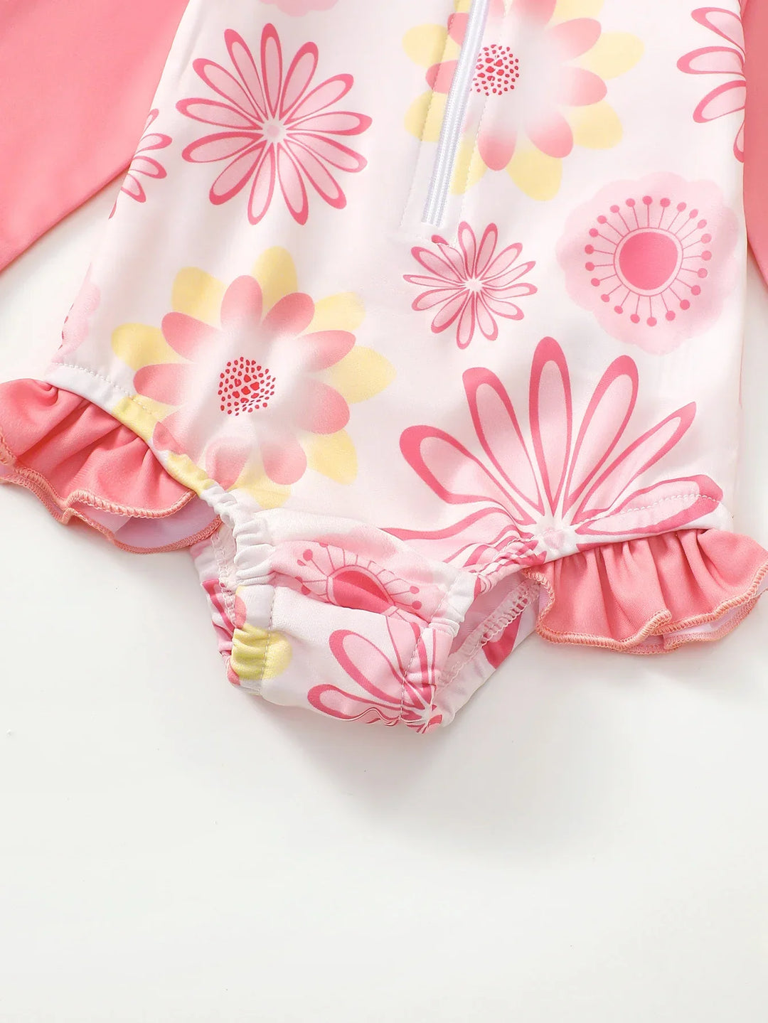 Breathable Baby Girl Onesie Swimsuit With Sun Hat – Long-Sleeve Floral Print, Polyester, For Sun Protection