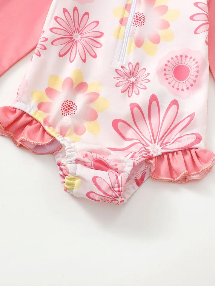 Breathable Baby Girl Onesie Swimsuit With Sun Hat – Long-Sleeve Floral Print, Polyester, For Sun Protection