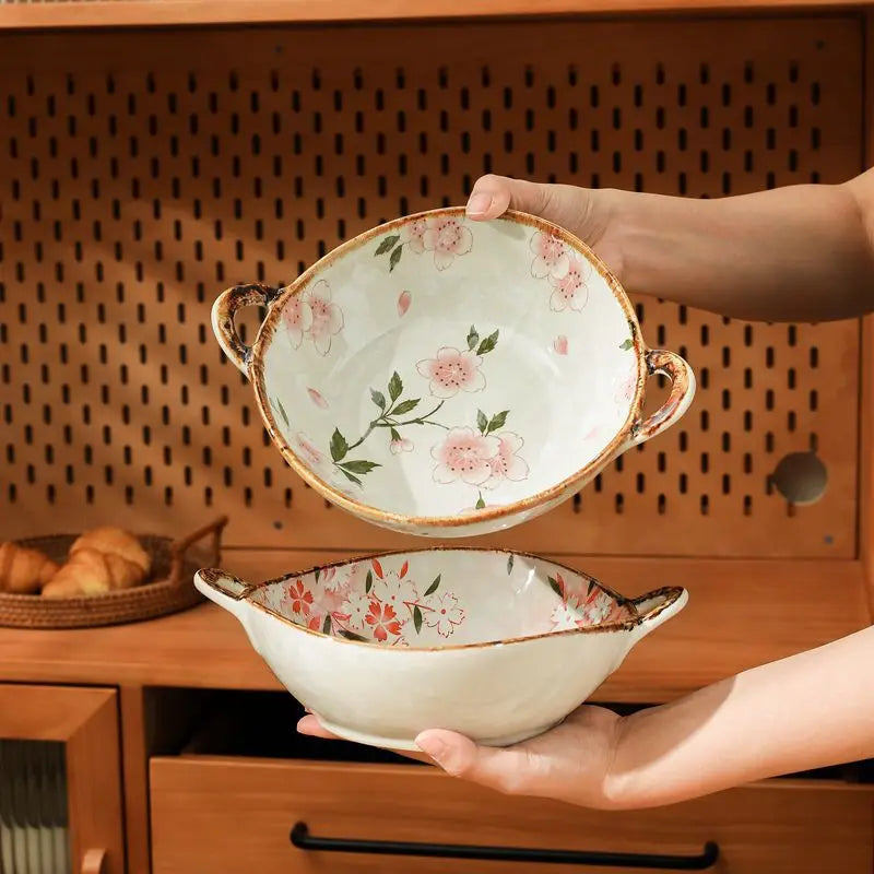 Ceramic 7.5 Inch Noodle Bowl With Handles Floral Porcelain