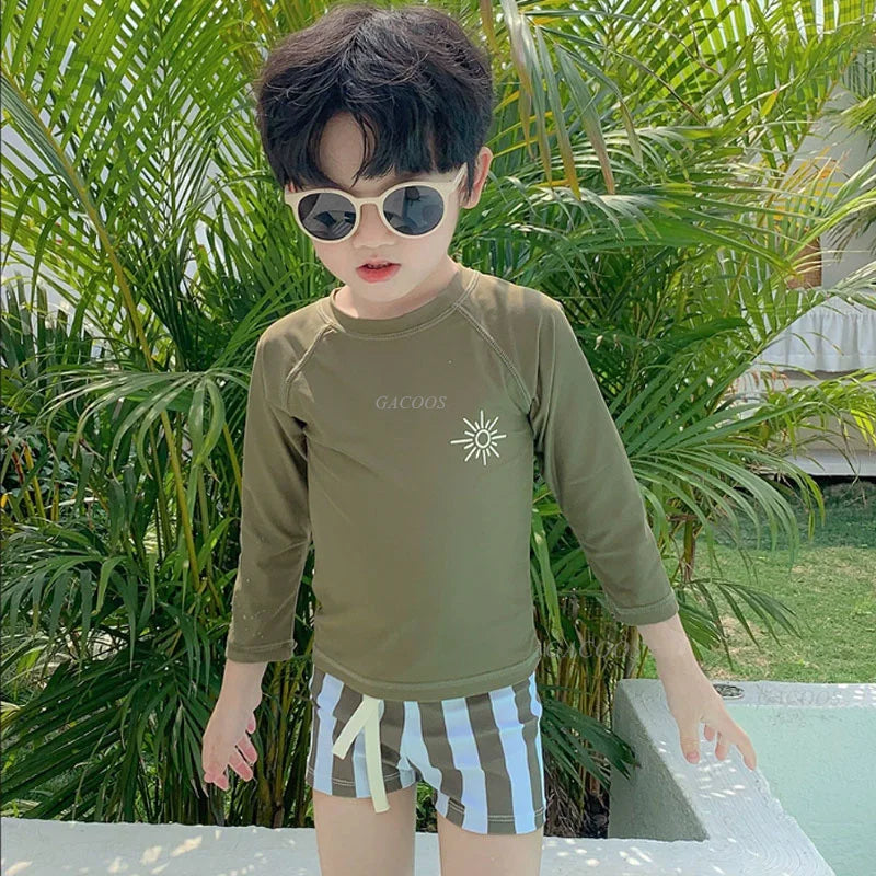 Quick-dry Unisex Baby Swimwear 2-Piece Set – Long-Sleeve Rash Guard Top, Shorts, Polyester, Summer Beachwear