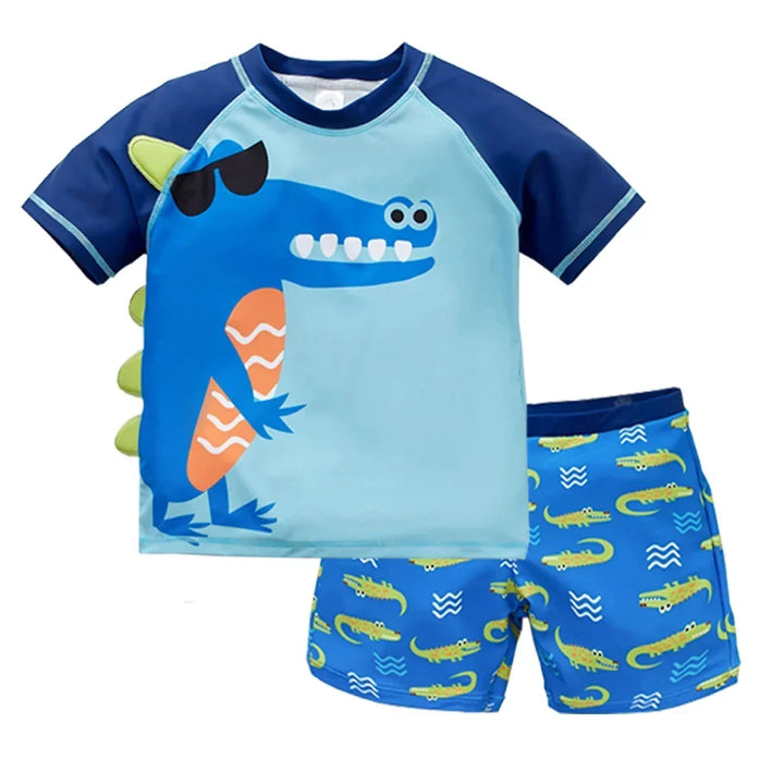 Quick-Dry Boys Swimwear - Two-Piece Cartoon Print Set, Polyester/Nylon/Spandex, Summer Beachwear