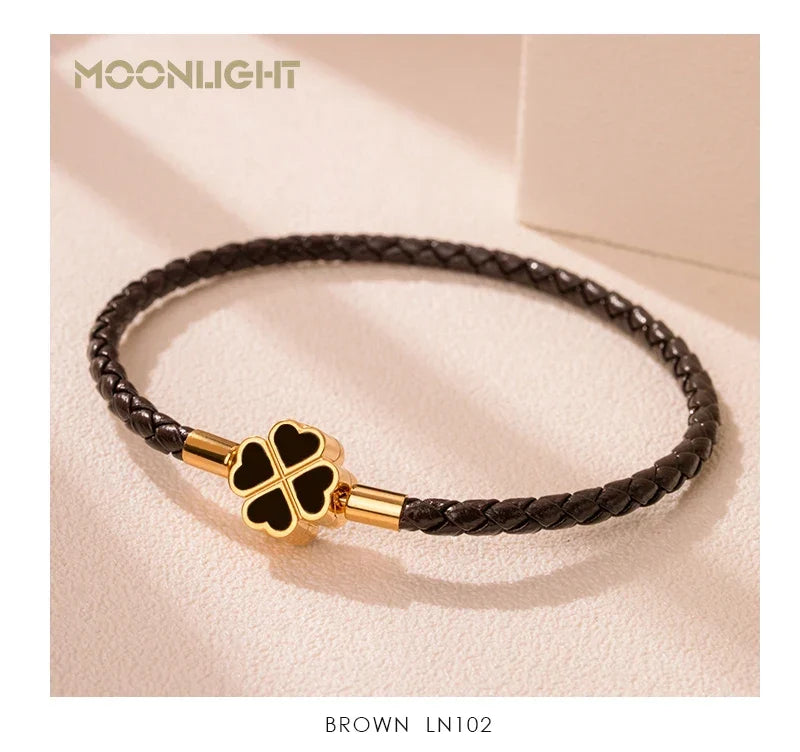 Four Leaf Clover Braided Leather Lucky Bracelet Gift