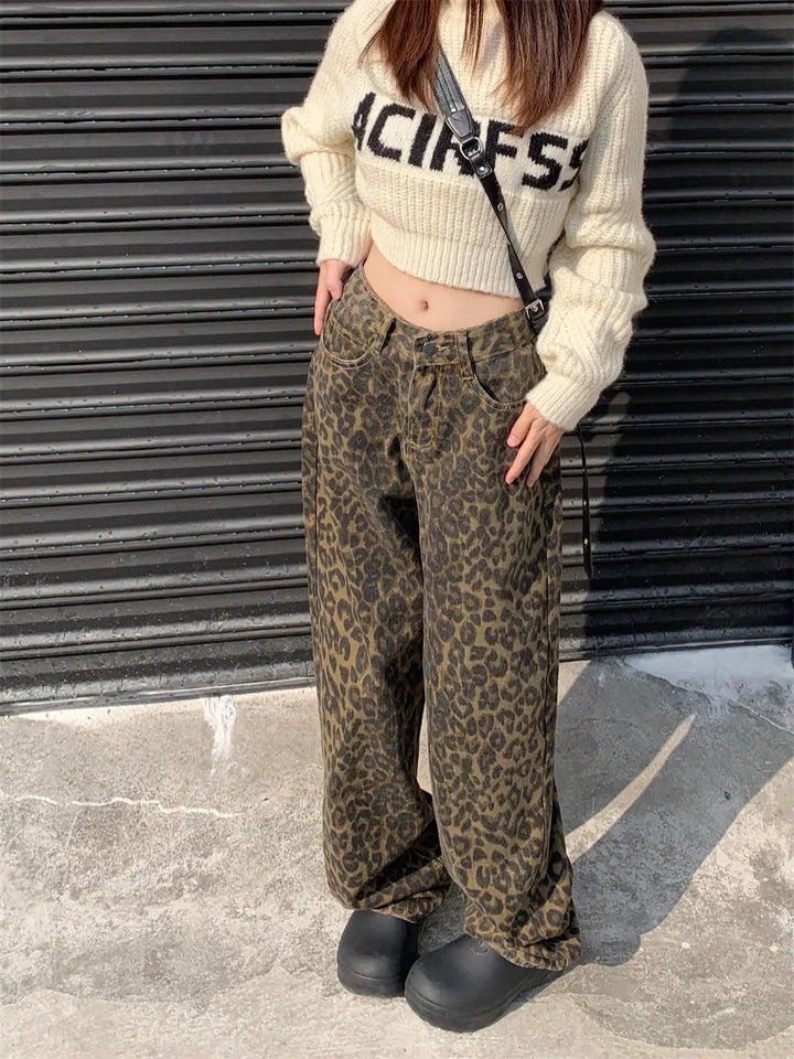High-Waisted Leopard Print Wide Leg Jeans for Women, Trendy Fit in S-XXL Sizes