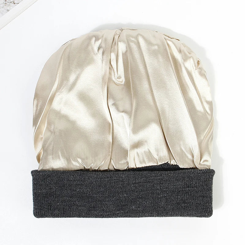 Winter Knit Beanies Womens Satin Lined Beanie Cap - Thick Chunky Soft Skull Hat for Winter