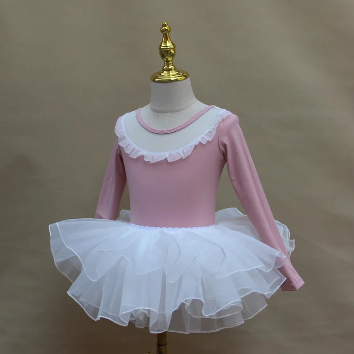 Lightweight girls ballet leotard set - puff-sleeve top, tulle tutu skirt, polyester, for dance class