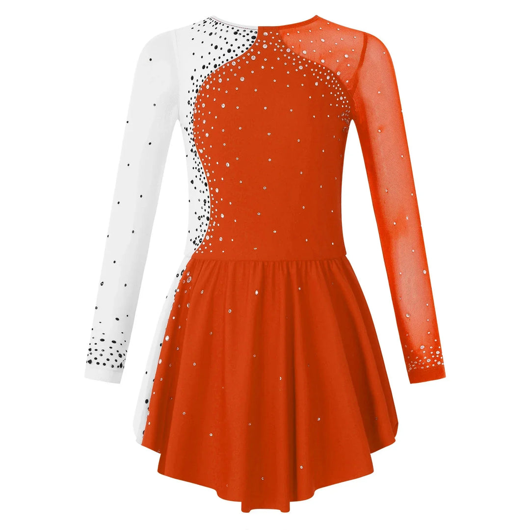 Stretchy girls figure skating dress – long sleeve rhinestone accents, jersey, dance performance costume