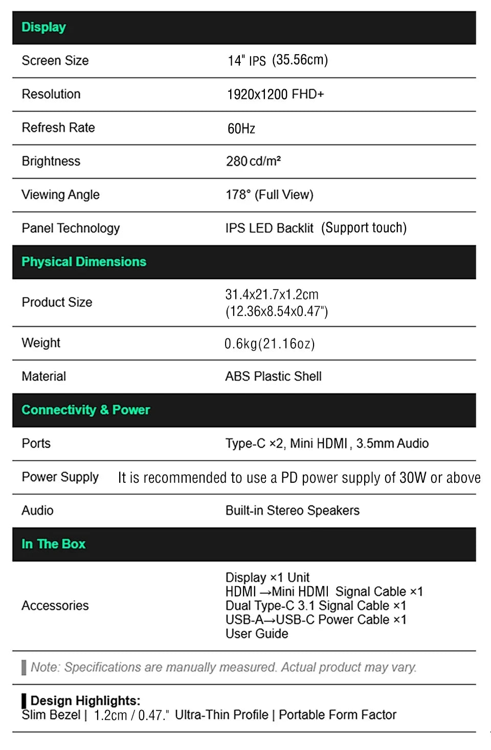 Portable Monitor 14.1 Inch Touch IPS HDR10 Second Screen