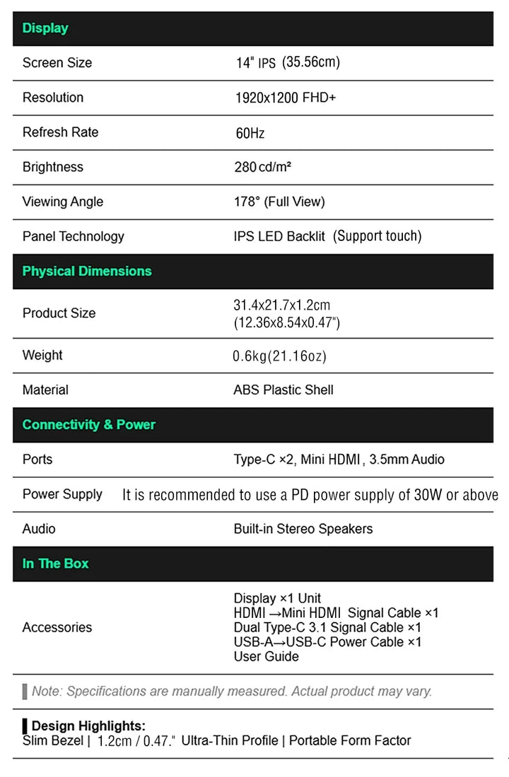 Portable Monitor 14.1 Inch Touch IPS HDR10 Second Screen